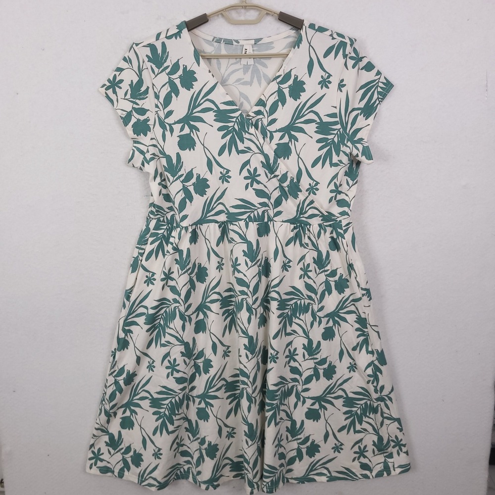 Pact Wrap Dress Womens XXXL White Green Floral Organic Cotton Short Sleeve Midi
